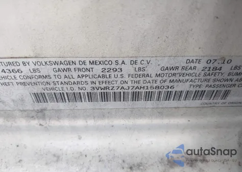 2010 Volkswagen Jetta Limited Edition z USA, uszkodzony, nr VIN 3VWRZ7AJ7AM158036